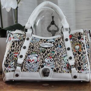 Ed Hardy Y2K Leopard Skull Tattoo Satchel Bag NWT Studded White Trim Purse